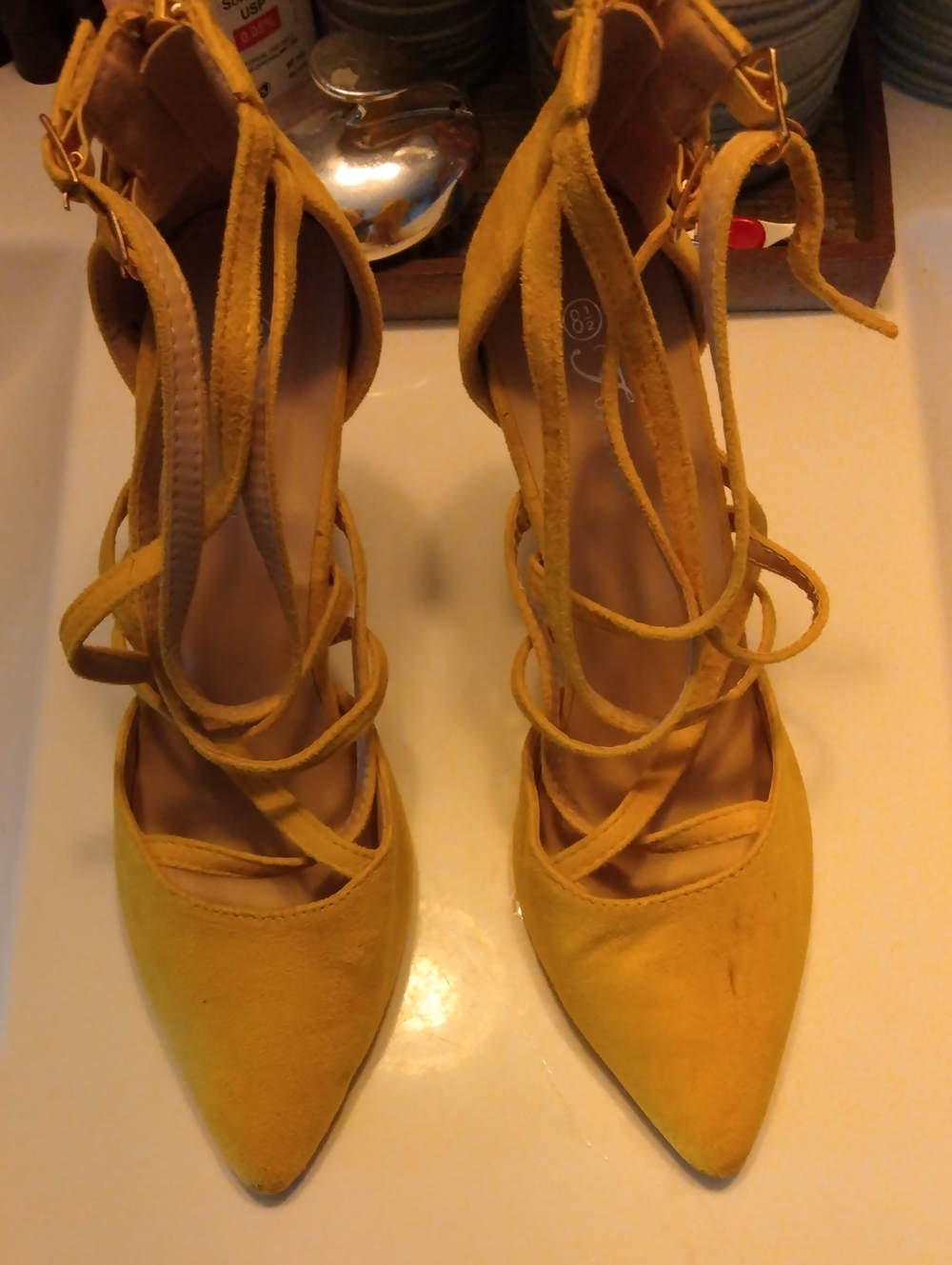 Forever Mustard Yellow Suede Wrap-Ankle Pointed Heels